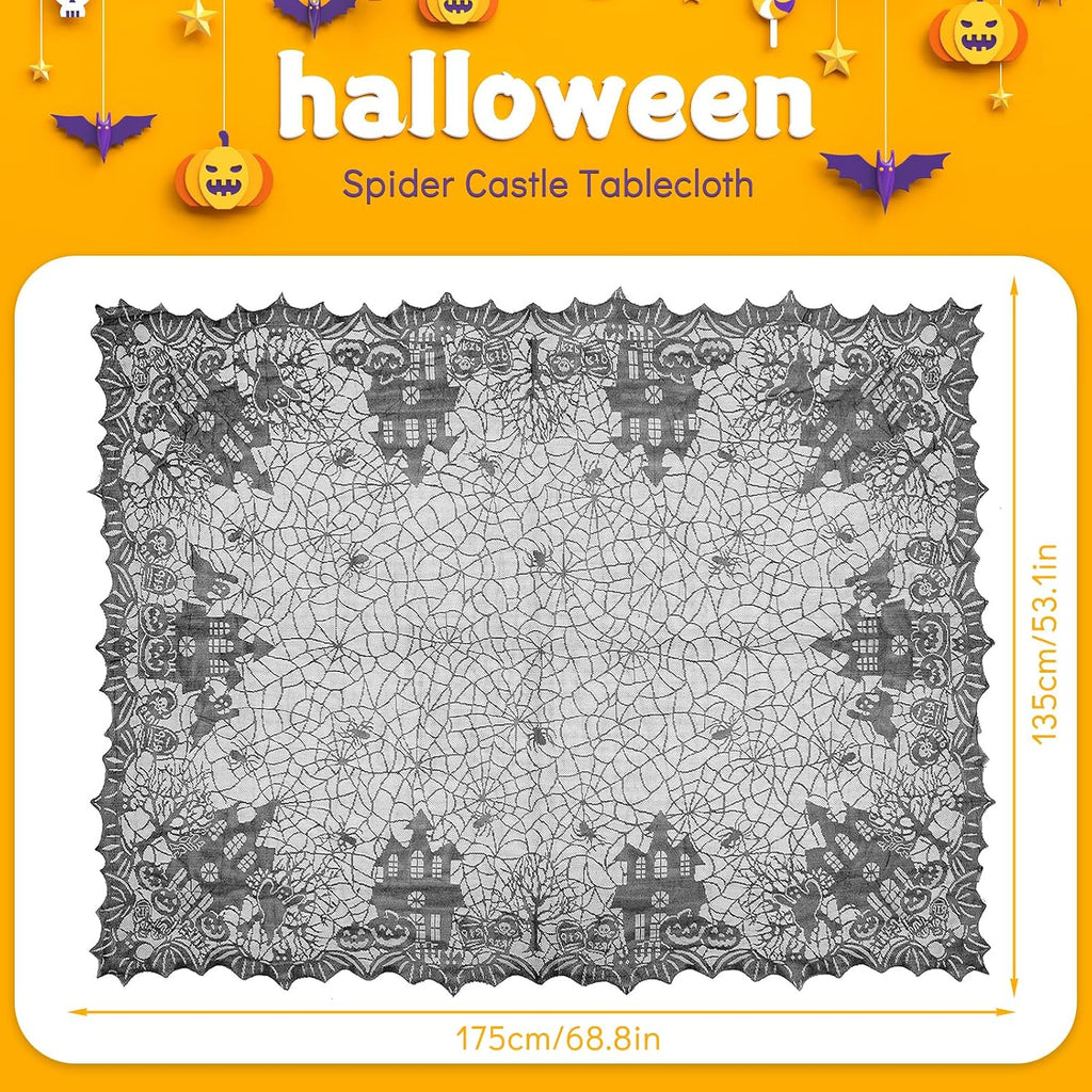 Halloween Tischdecke Spinnennetz, Halloween Tischdecke Spitze Deko,Tischdecke Mit Spukhaus Schloss,135 X 175 Cm Schloss Horror Tischtuch Dekoration Halloween Party-Dekoration