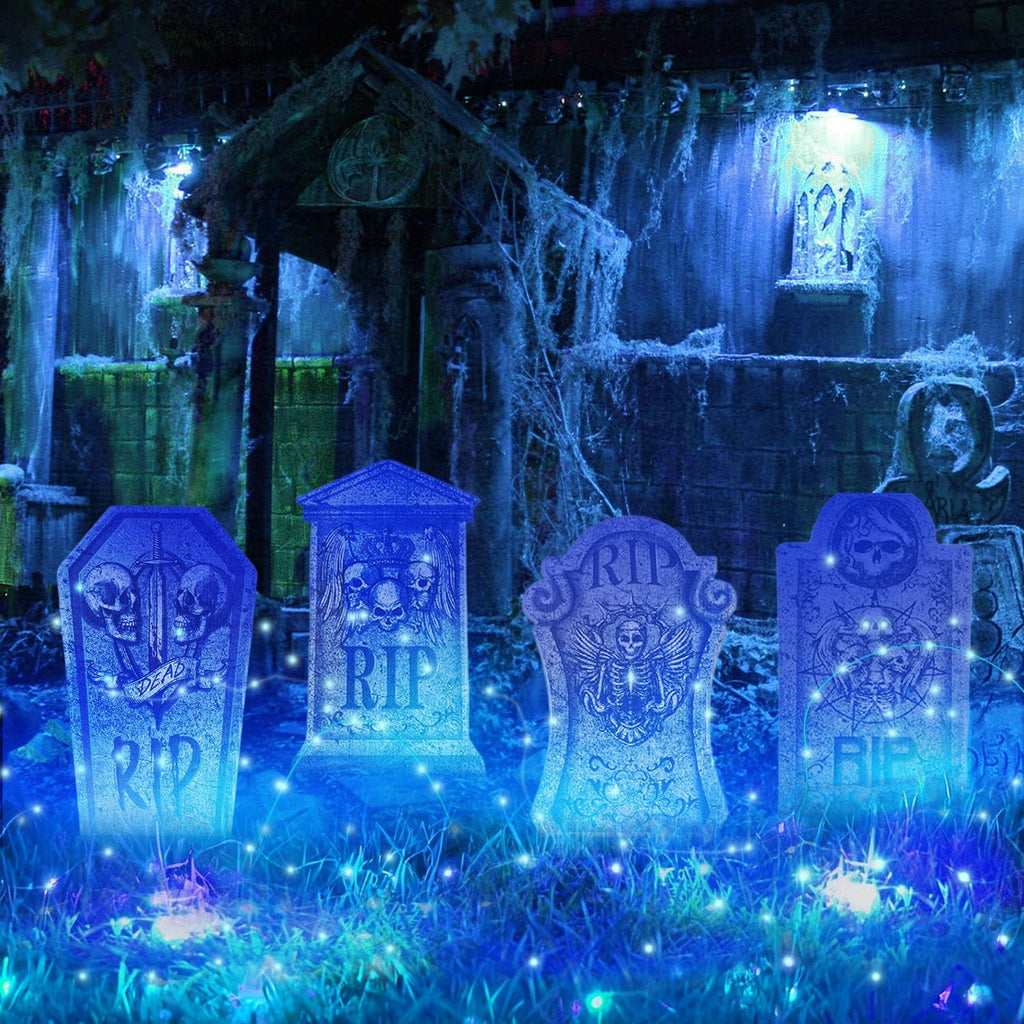 Halloween Grabstein Requisiten, 4 Stück Wasserdichtes Halloween Grabsteine Deko Mit 8 Stück Lichterkette, Den Außenbereich Gruselige Grabsteine, Für Garten Dekoration