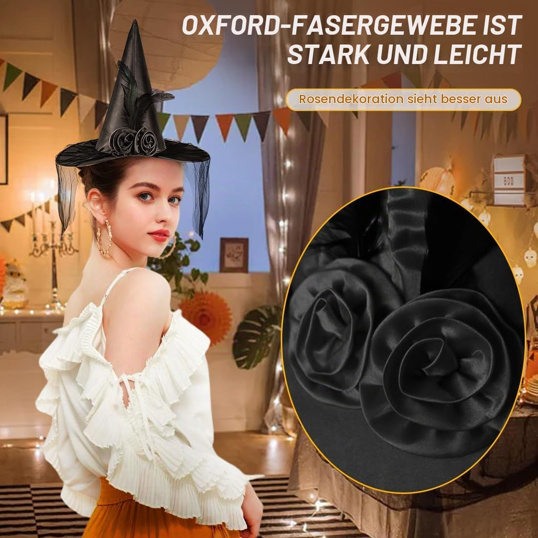 Halloween Hexenhut,Schwarze Hexenhut Damen Halloween Party Hexenhüte Zaubererhüte Für Erwachsene Halloween Party Cosplay Kostüm Zubehör