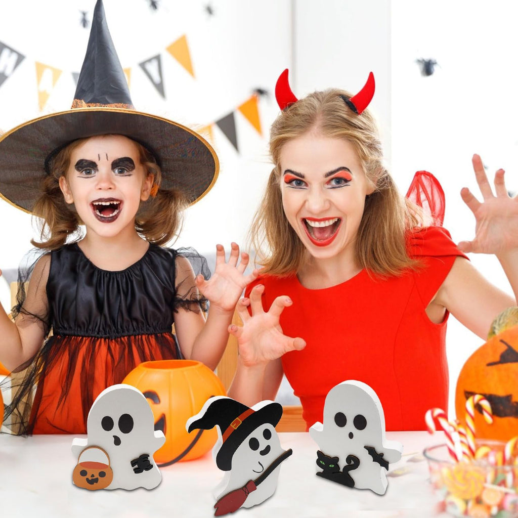3 Stück Halloween Geister Figuren Dekoration, Halloween Deko Innen Spukdekoration, Einzigartliche Halloween Ghost Katze Fledermaus Aus Holz, Für Halloween-Partys, Tischdekoration, Innendekoration