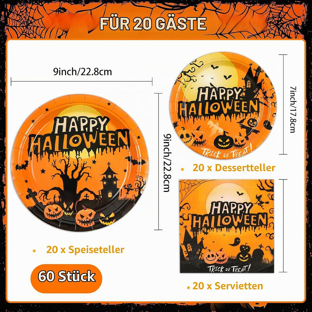 60 Stück Halloween Partygeschirr Set,Halloween Geschirr Mit Pappteller Thema Partyteller Servietten Partygeschirr Herbstdeko Für Geburtstag Party Kinder Party Dekorationen