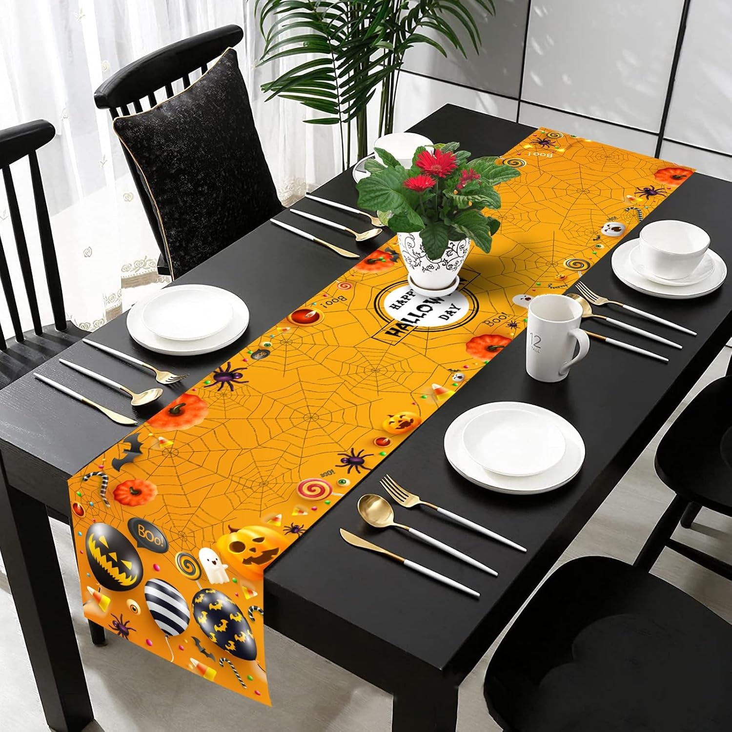 Halloween Tischläufer Spinnweben Fledermäuse Kürbisse Tischdecke Halloween Leinen Abwaschbare Tischläufer Orange Für Küche, Bar, Esstisch Halloweens Deko Tischdecke