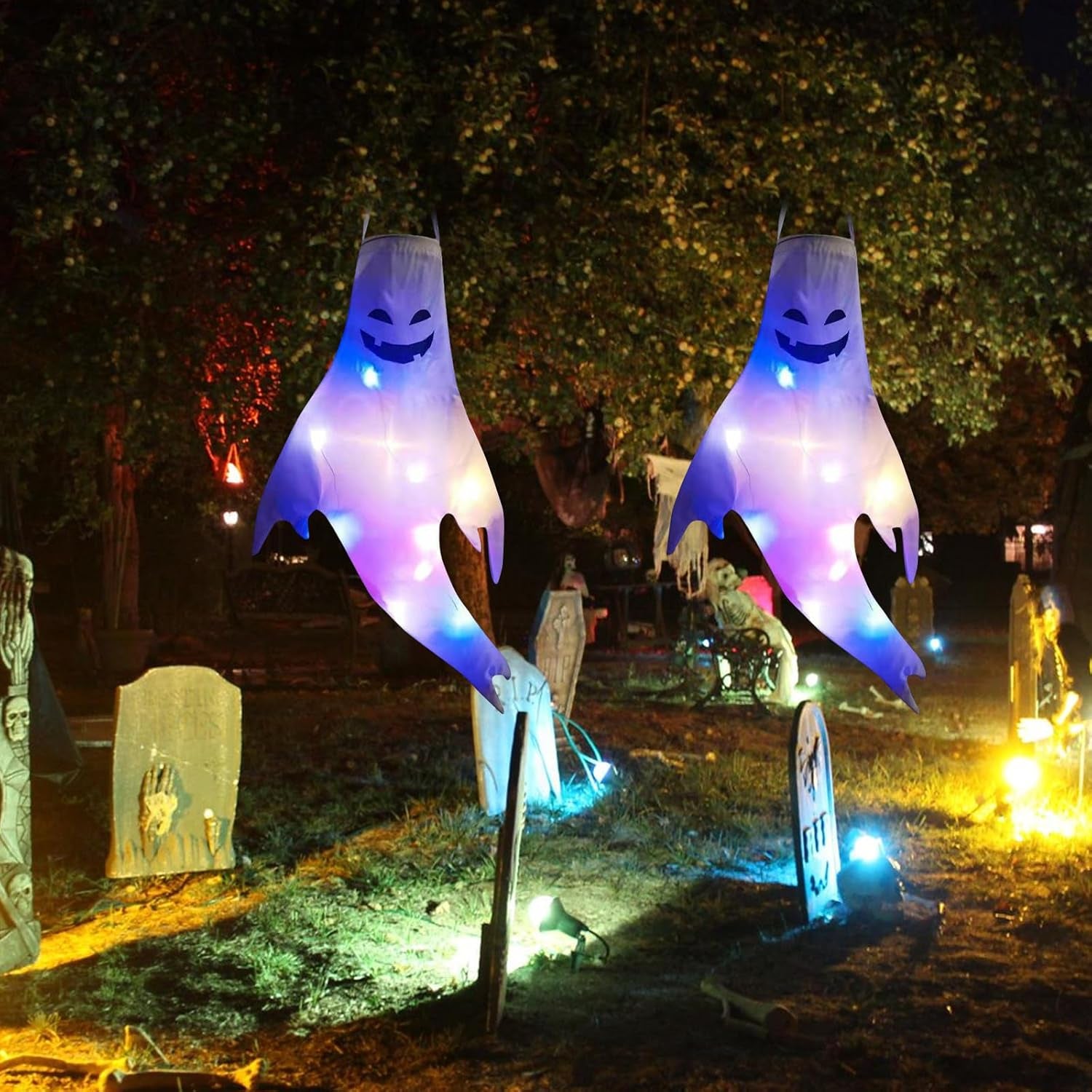 Halloween Deko Outdoor Windsack, 2 Stück Halloween Geist Dekoration Windsäcke Garten Geist Garden Decor Halloween Hängende Deko, Halloween Windsäcke Hängen Ghost Für Party Horror - 47CM (B)