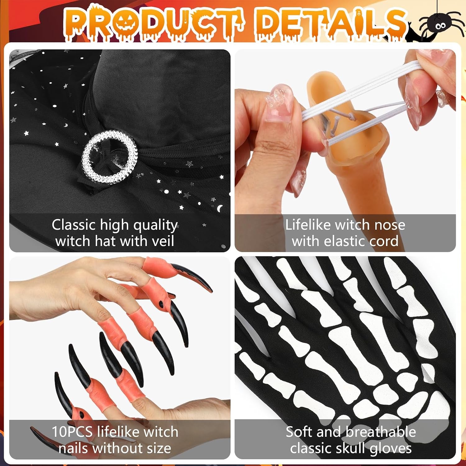 6STK Hexenkostüm Damen Halloween, Hexenumhang Hexenhüte Skelett Handschuhe Halloween Brille Hexennägel Hexennase, Halloween Kostüm Zubehör, Hexen Zubehör Halloween Kostüm Damen Hexe Zubehör