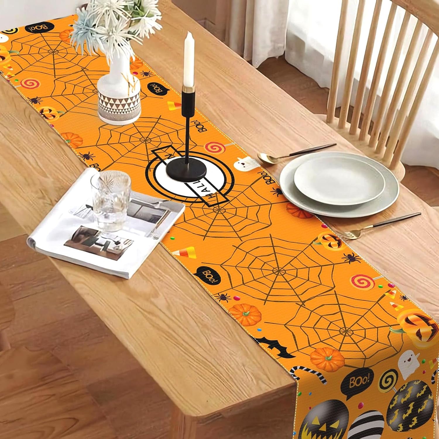 Halloween Tischläufer Spinnweben Fledermäuse Kürbisse Tischdecke Halloween Leinen Abwaschbare Tischläufer Orange Für Küche, Bar, Esstisch Halloweens Deko Tischdecke