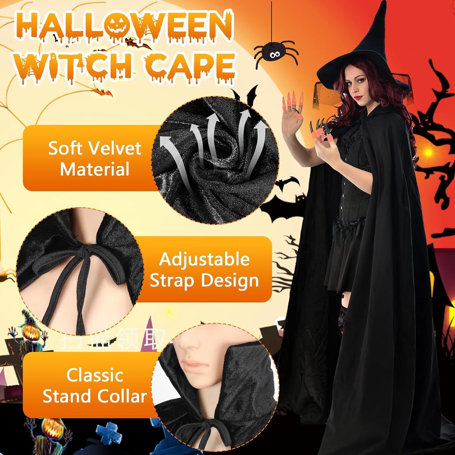 6STK Hexenkostüm Damen Halloween, Hexenumhang Hexenhüte Skelett Handschuhe Halloween Brille Hexennägel Hexennase, Halloween Kostüm Zubehör, Hexen Zubehör Halloween Kostüm Damen Hexe Zubehör