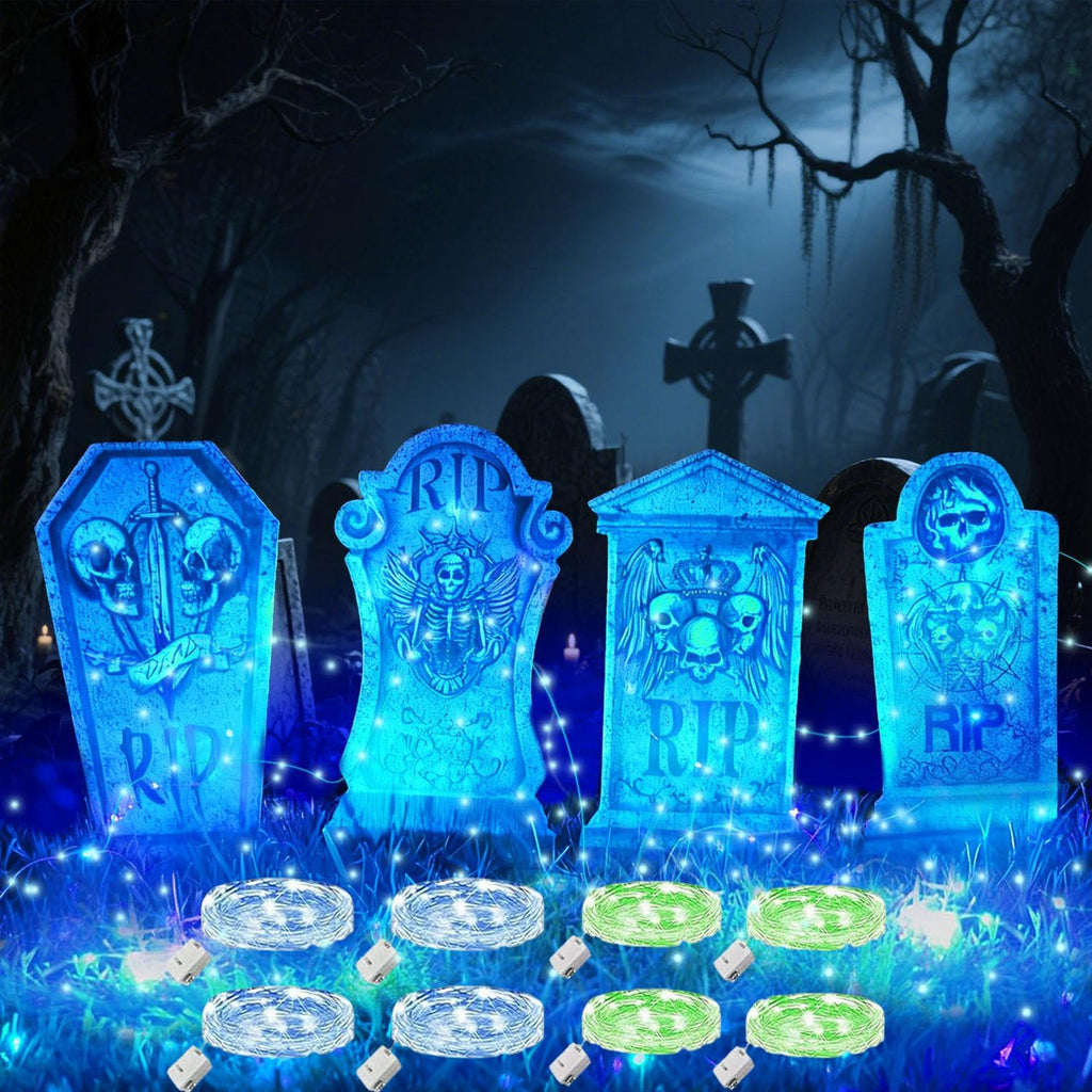 Halloween Grabstein Requisiten, 4 Stück Wasserdichtes Halloween Grabsteine Deko Mit 8 Stück Lichterkette, Den Außenbereich Gruselige Grabsteine, Für Garten Dekoration