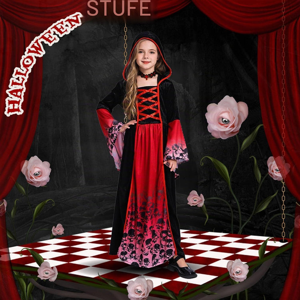 Vampir Kostüm Kinder,Halloween Kostüm Vampir Mit Halsband,Gothic Viktorianische Halloween Kostüm Mädchen,Halloween Kostüm Mädchen Für Halloween Karneval Fasching Mottoparty, Rot-Schwarz