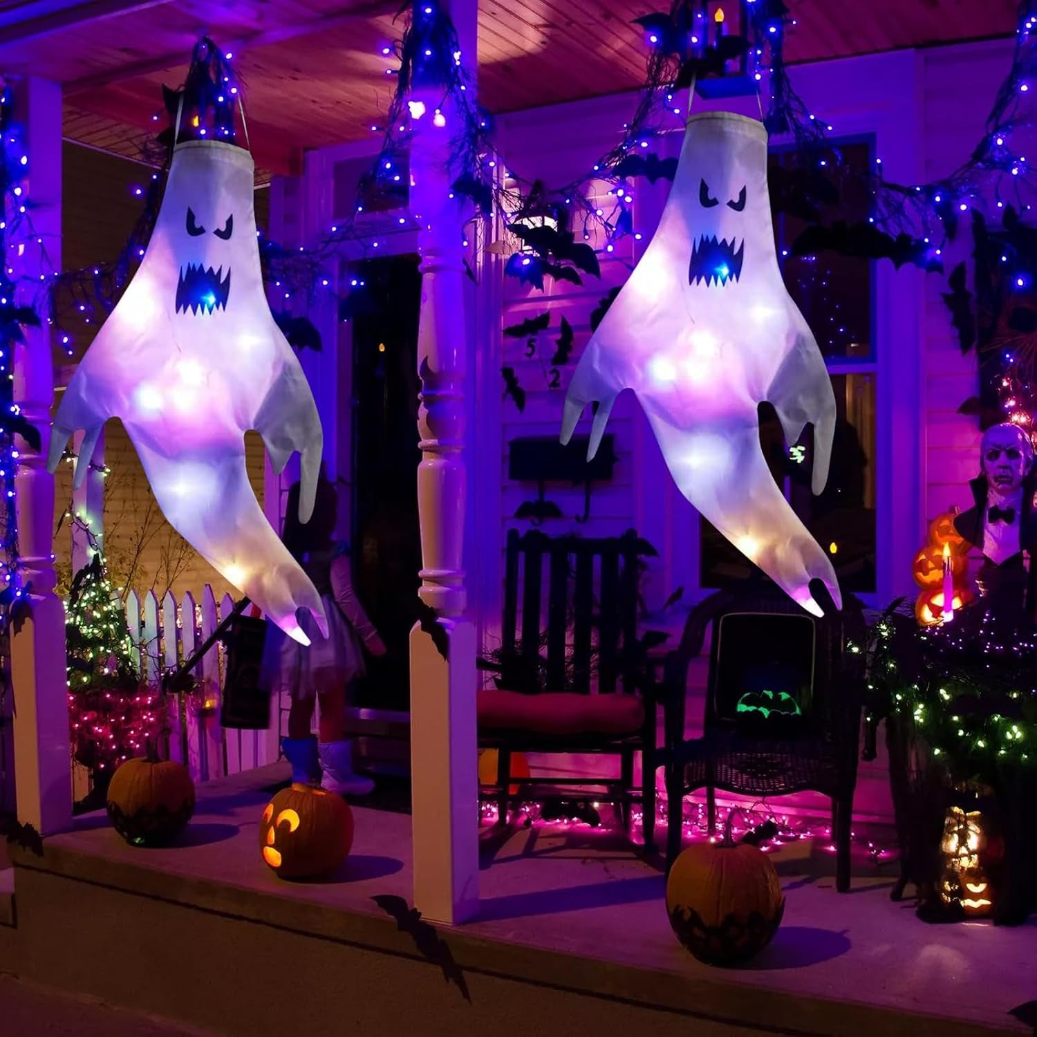 Halloween Deko Outdoor Windsack, 2 Stück Halloween Geist Dekoration Windsäcke Garten Geist Garden Decor Halloween Hängende Deko, Halloween Windsäcke Hängen Ghost Für Party Horror - 47CM (B)