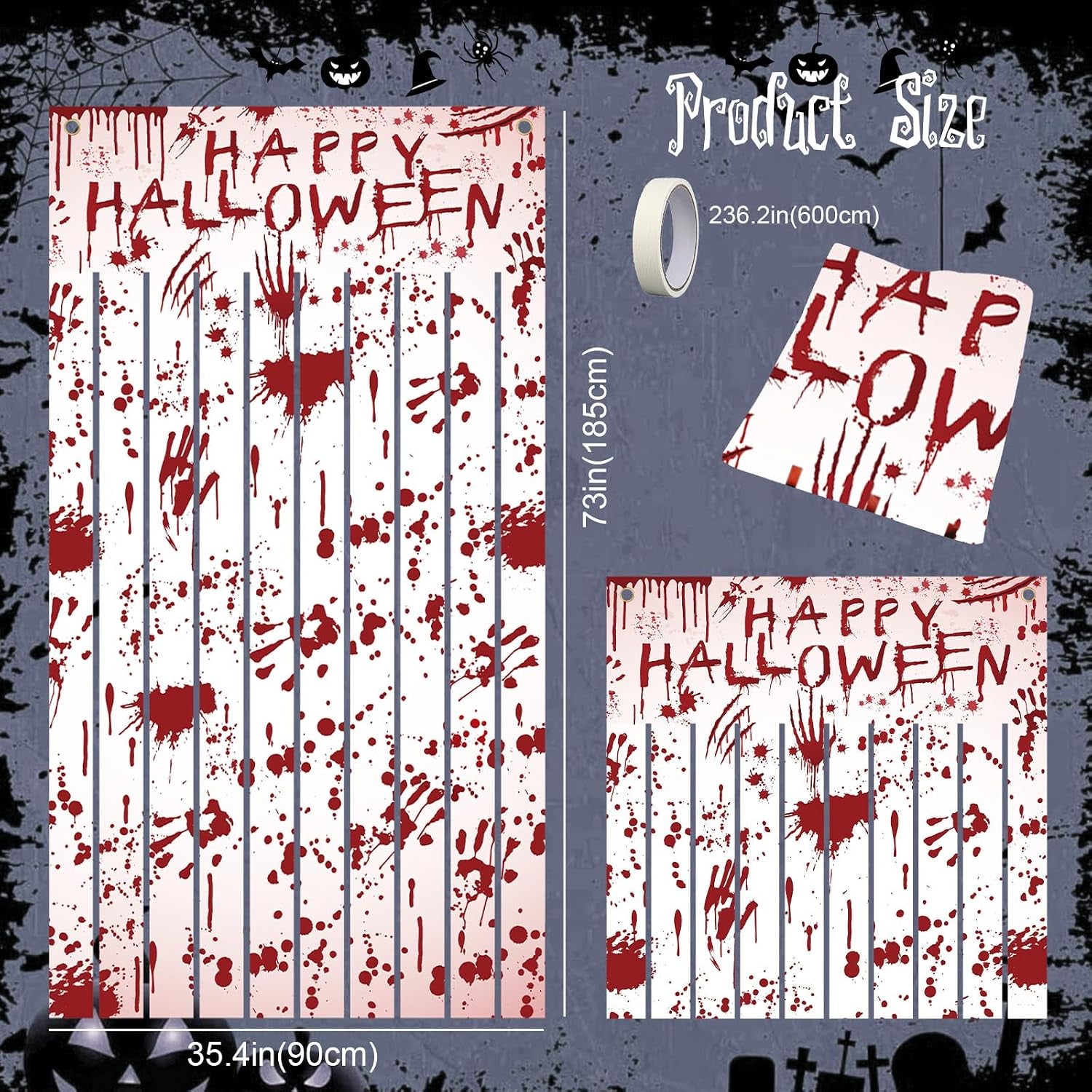 DPKOW Blutige Halloween Türvorhang Banner Deko Halloween Türdeko, Stoff Gruseliger Türbanner Spukhaus Party Indoor Outdoor Deko, Halloween-Deko Haustür Blutigen Hand- Und Fußabdrücken, 165 * 90CM