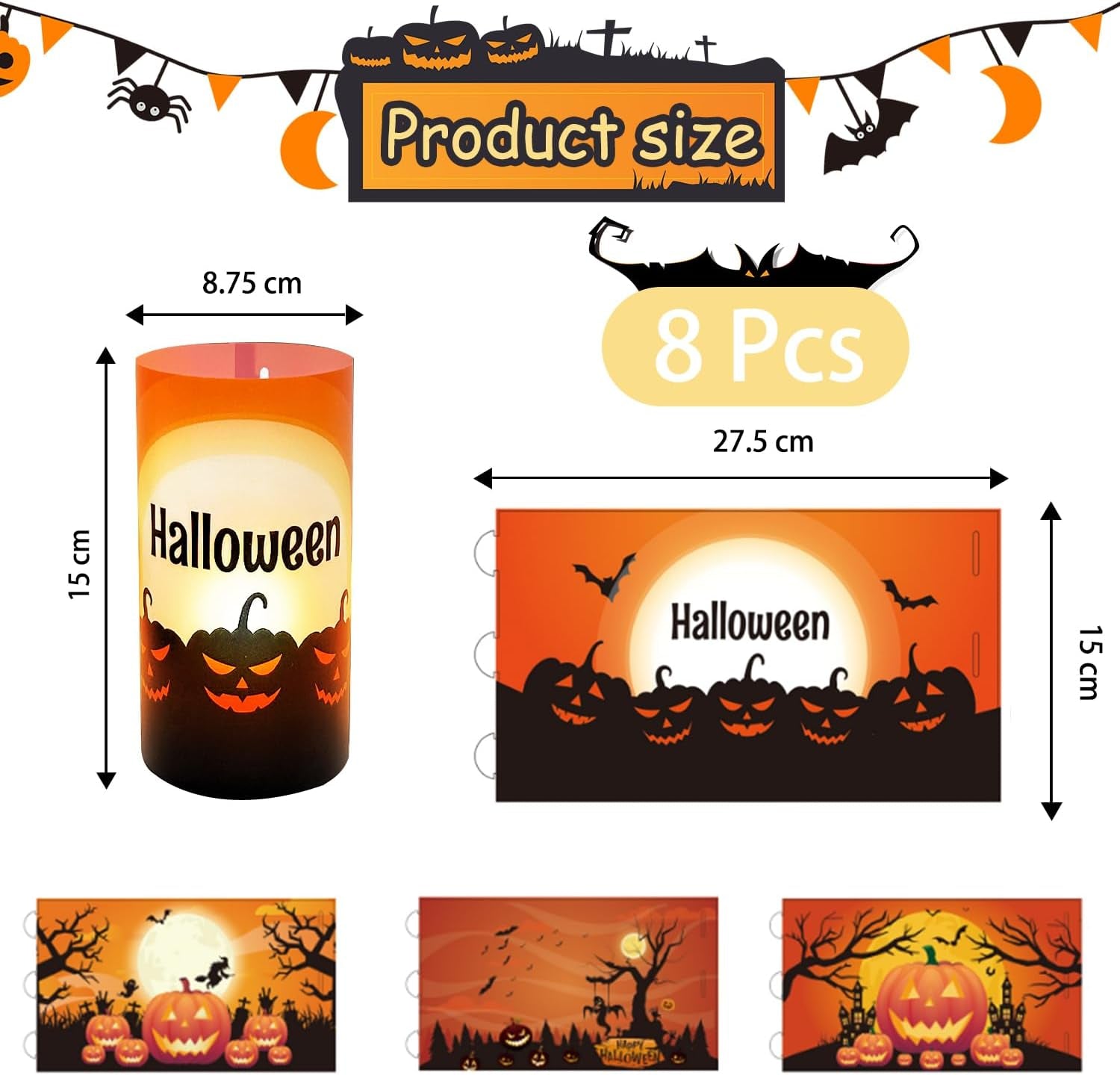 Tisch Windlichter Deko Halloween, 8 Stück Windlicht Tischdeko Halloween, Tischdeko Lichthülle Halloween Kürbis/Fledermaus/Krähe/Spinne Für Teelichter Oder Kerzen