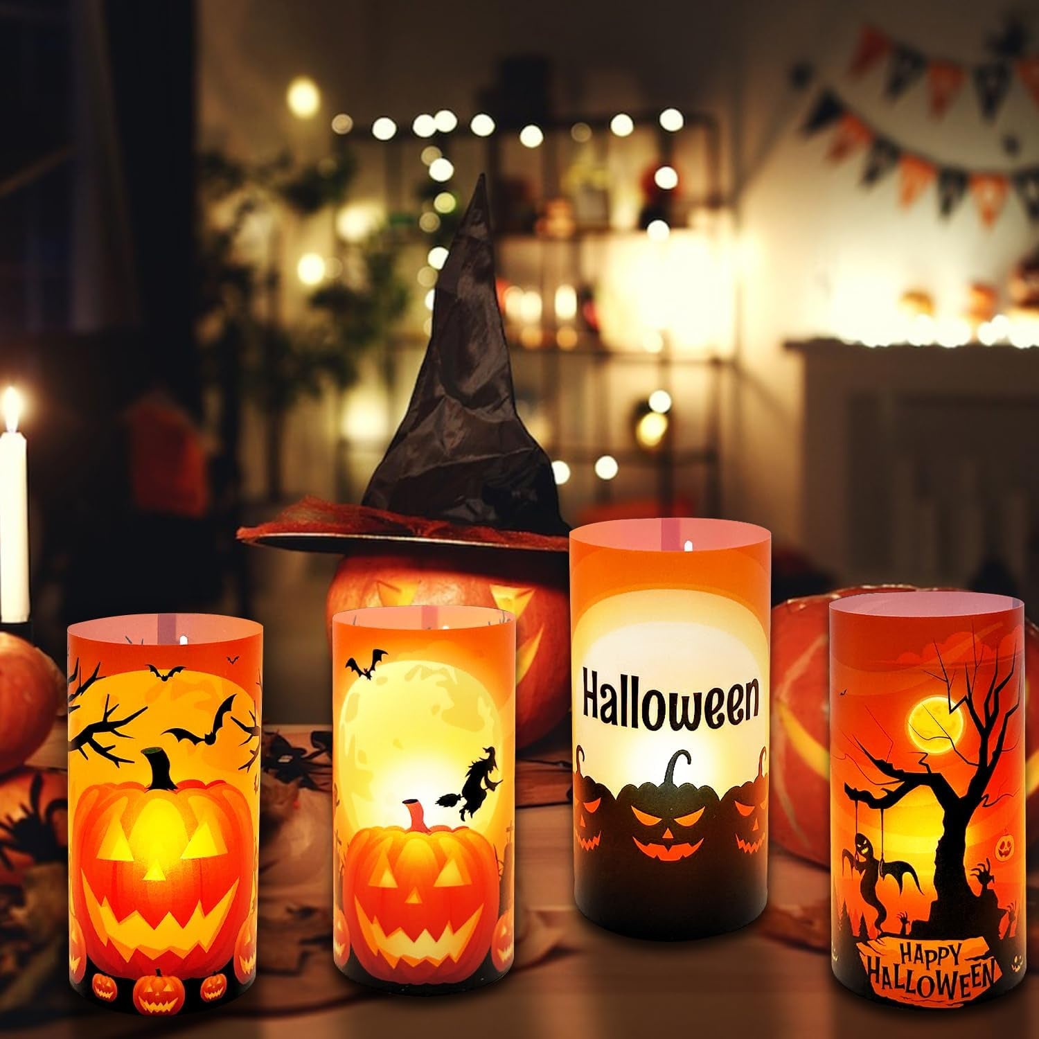 Tisch Windlichter Deko Halloween, 8 Stück Windlicht Tischdeko Halloween, Tischdeko Lichthülle Halloween Kürbis/Fledermaus/Krähe/Spinne Für Teelichter Oder Kerzen
