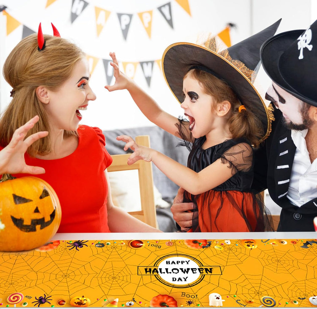 Halloween Tischläufer Spinnweben Fledermäuse Kürbisse Tischdecke Halloween Leinen Abwaschbare Tischläufer Orange Für Küche, Bar, Esstisch Halloweens Deko Tischdecke