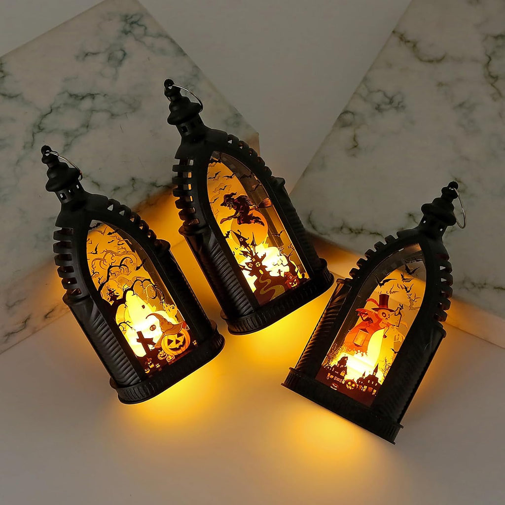 3 Stück Halloween Laterne,15 Cm Halloween LED Kerzenlaterne Mit Hexe Geist