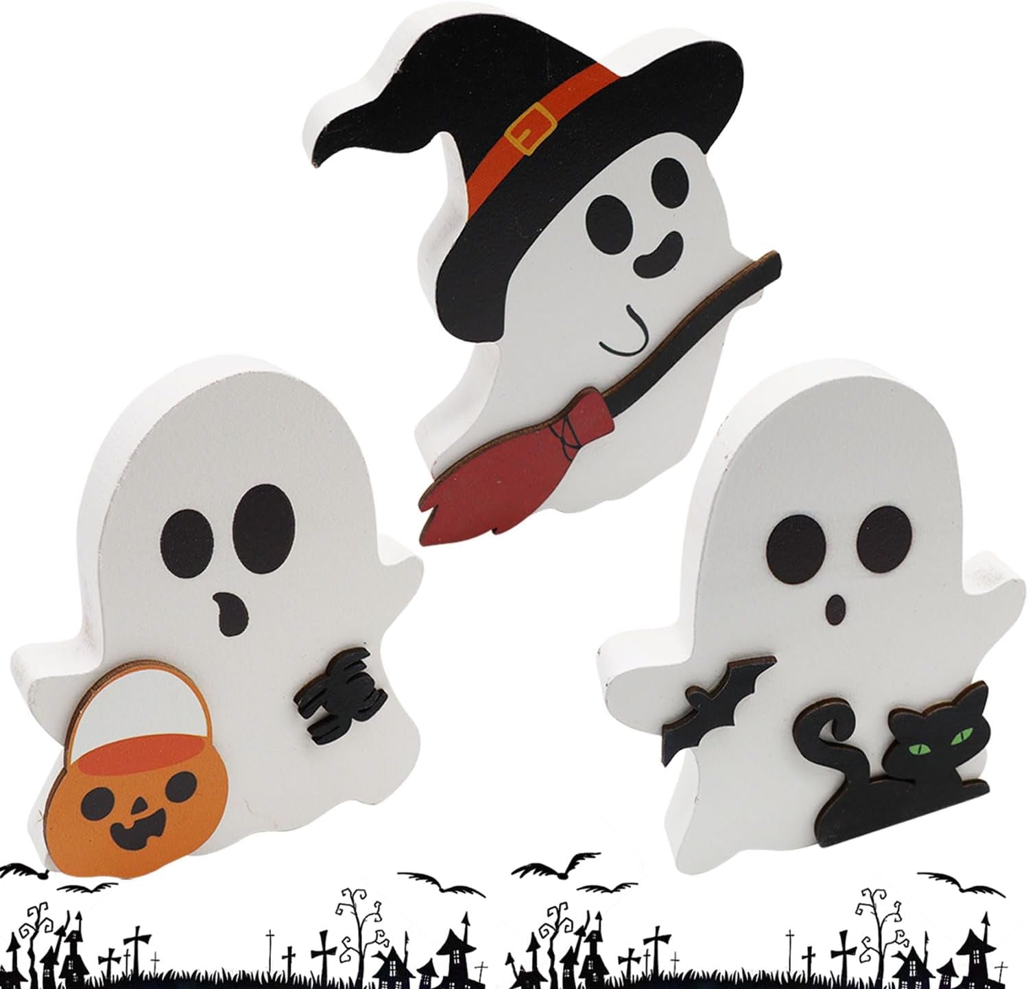3 Stück Halloween Geister Figuren Dekoration, Halloween Deko Innen Spukdekoration, Einzigartliche Halloween Ghost Katze Fledermaus Aus Holz, Für Halloween-Partys, Tischdekoration, Innendekoration