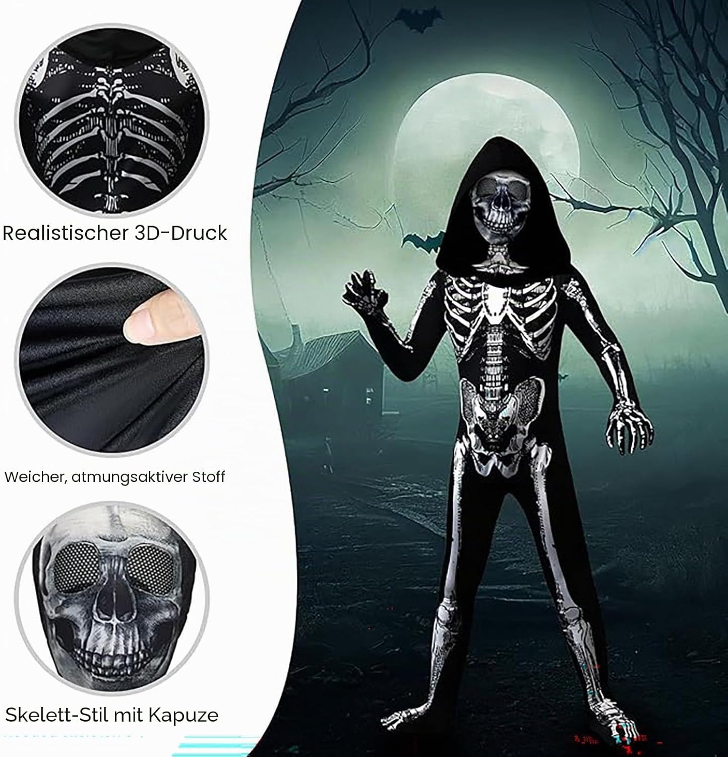 Halloween Skeleton Costume Kinder, Halloween Kostüm, Skelett Jumpsuit Skelett Outfit Für Halloween, Karneval, Faschingskostüme, Cosplay Mottoparty