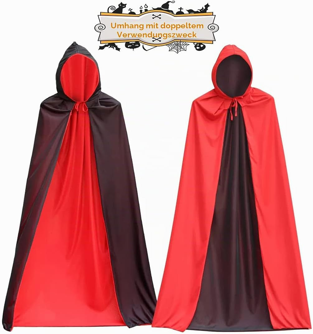 Halloween Kostüm Vampir, Umhang Mit Kapuze, Schwarz Rot Halloween Costume, Halloween Kostüme Cape Mit Sense Skeletthandschuhe Maske Für Unisex Halloween Party Rollenspiel