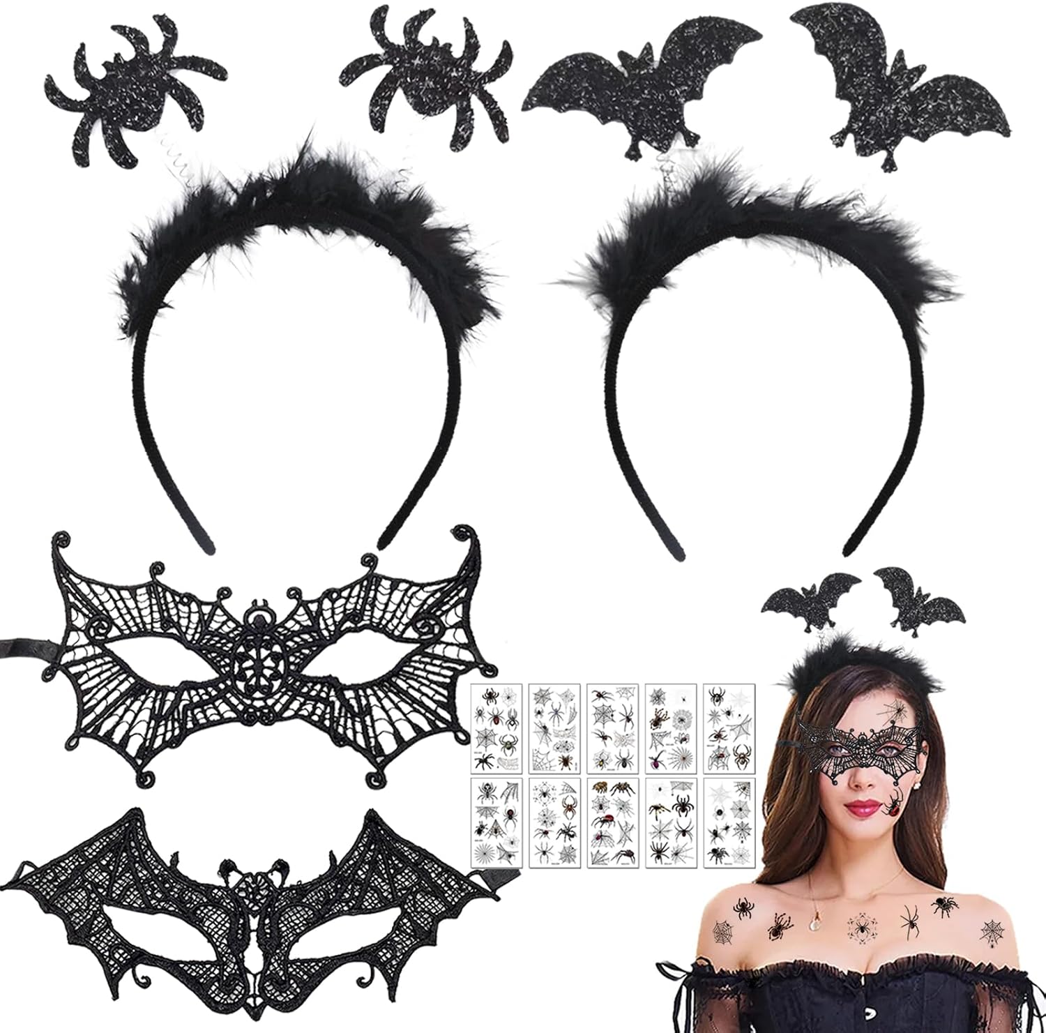 Halloween Damen Zubehör, Halloween Fledermaus Haarreife, Schwarze Spitze Maske Und Halloween Spinne Haarschmuck Mit Gesichtstattoos Spinne Halloween Tattoo, Karneval Halloween Kostüm Accessoire