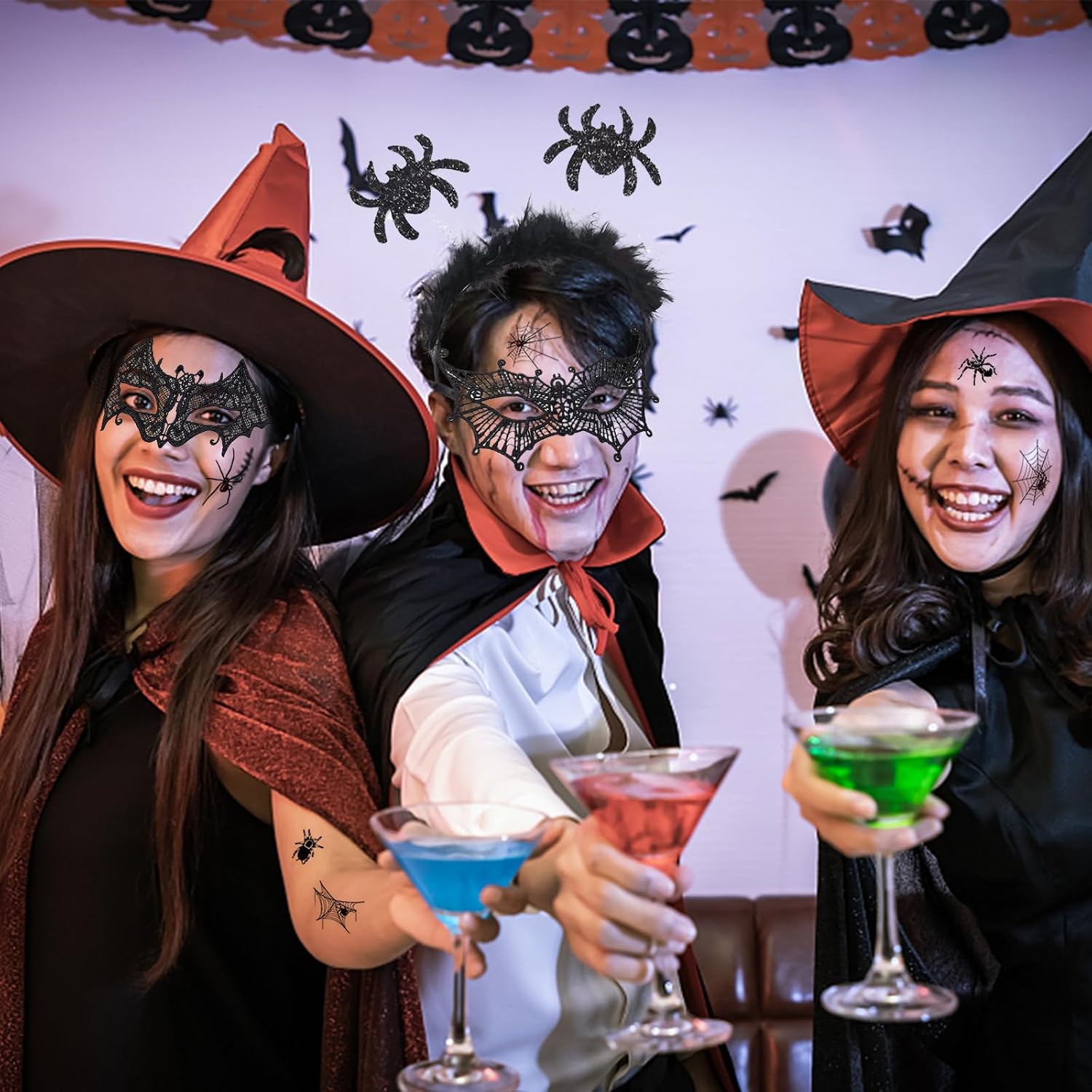 Halloween Damen Zubehör, Halloween Fledermaus Haarreife, Schwarze Spitze Maske Und Halloween Spinne Haarschmuck Mit Gesichtstattoos Spinne Halloween Tattoo, Karneval Halloween Kostüm Accessoire