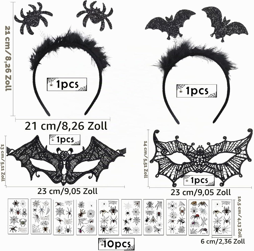 Halloween Damen Zubehör, Halloween Fledermaus Haarreife, Schwarze Spitze Maske Und Halloween Spinne Haarschmuck Mit Gesichtstattoos Spinne Halloween Tattoo, Karneval Halloween Kostüm Accessoire