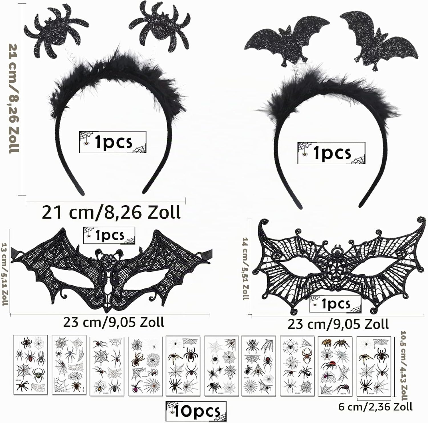 Halloween Damen Zubehör, Halloween Fledermaus Haarreife, Schwarze Spitze Maske Und Halloween Spinne Haarschmuck Mit Gesichtstattoos Spinne Halloween Tattoo, Karneval Halloween Kostüm Accessoire