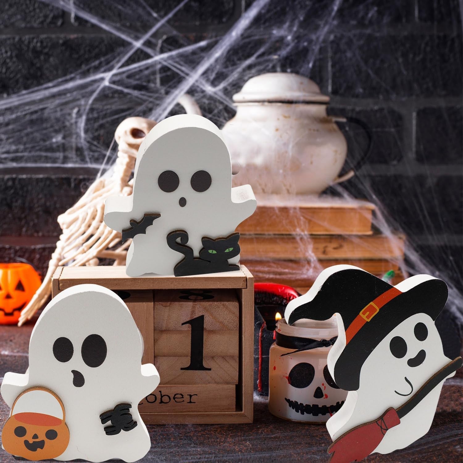3 Stück Halloween Geister Figuren Dekoration, Halloween Deko Innen Spukdekoration, Einzigartliche Halloween Ghost Katze Fledermaus Aus Holz, Für Halloween-Partys, Tischdekoration, Innendekoration