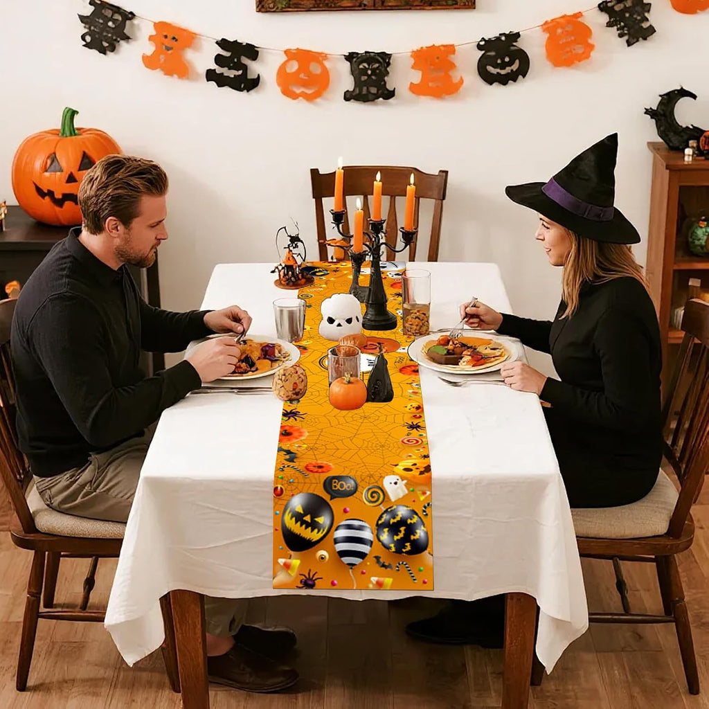 Halloween Tischläufer Spinnweben Fledermäuse Kürbisse Tischdecke Halloween Leinen Abwaschbare Tischläufer Orange Für Küche, Bar, Esstisch Halloweens Deko Tischdecke