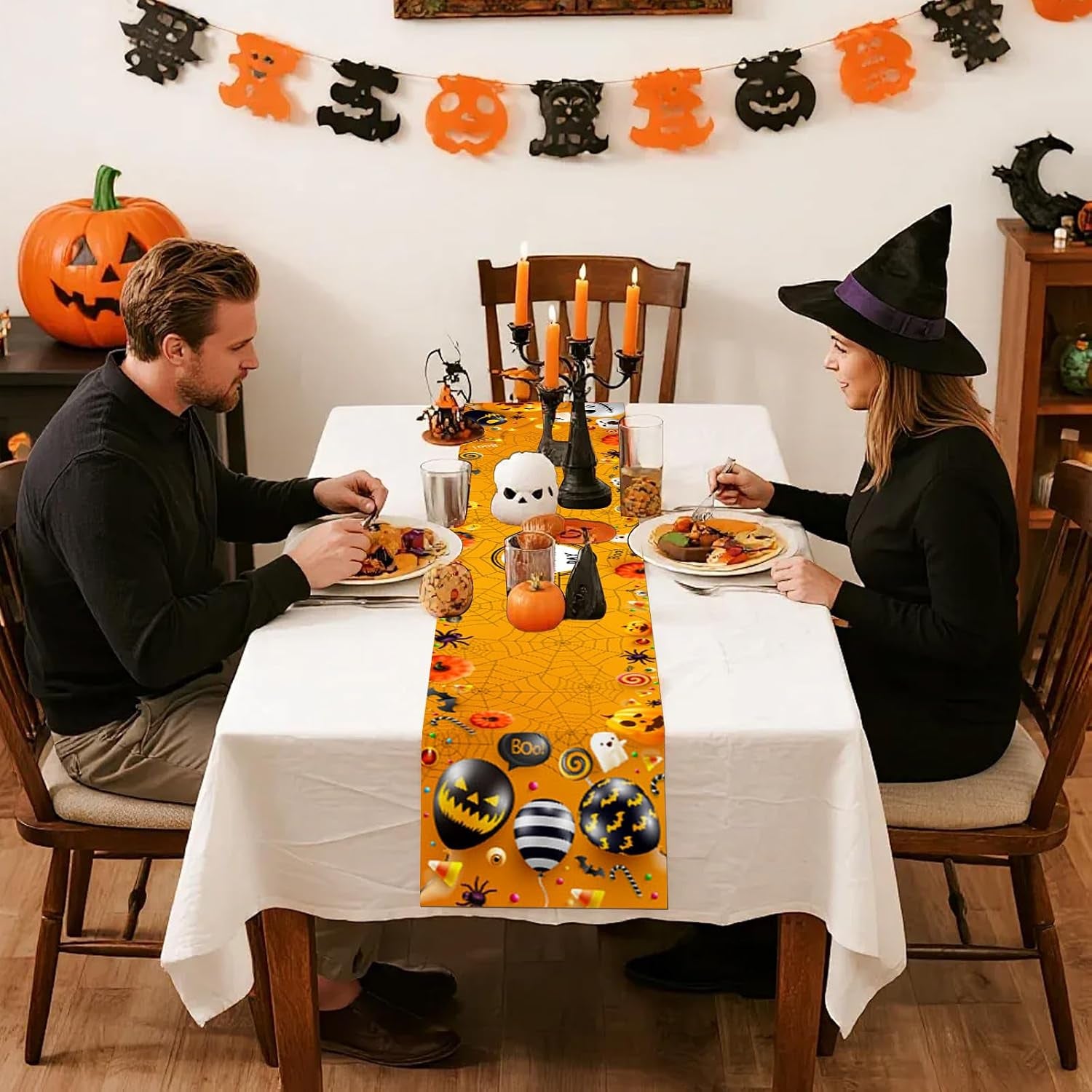 Halloween Tischläufer Spinnweben Fledermäuse Kürbisse Tischdecke Halloween Leinen Abwaschbare Tischläufer Orange Für Küche, Bar, Esstisch Halloweens Deko Tischdecke