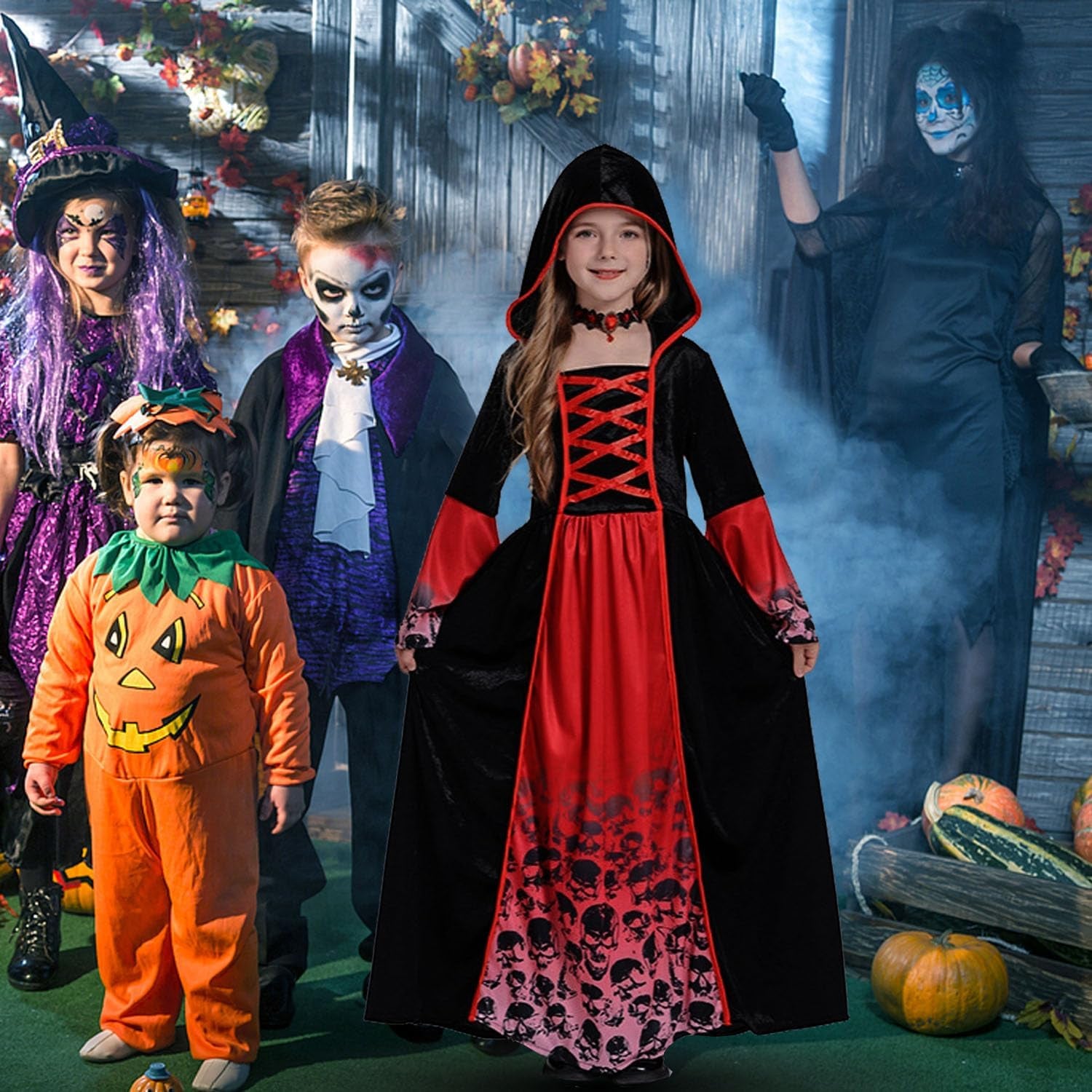 Vampir Kostüm Kinder,Halloween Kostüm Vampir Mit Halsband,Gothic Viktorianische Halloween Kostüm Mädchen,Halloween Kostüm Mädchen Für Halloween Karneval Fasching Mottoparty, Rot-Schwarz