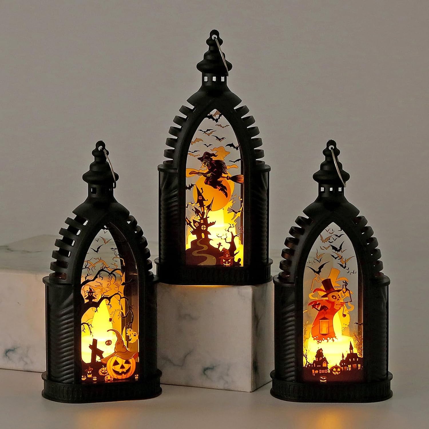 3 Stück Halloween Laterne,15 Cm Halloween LED Kerzenlaterne Mit Hexe Geist