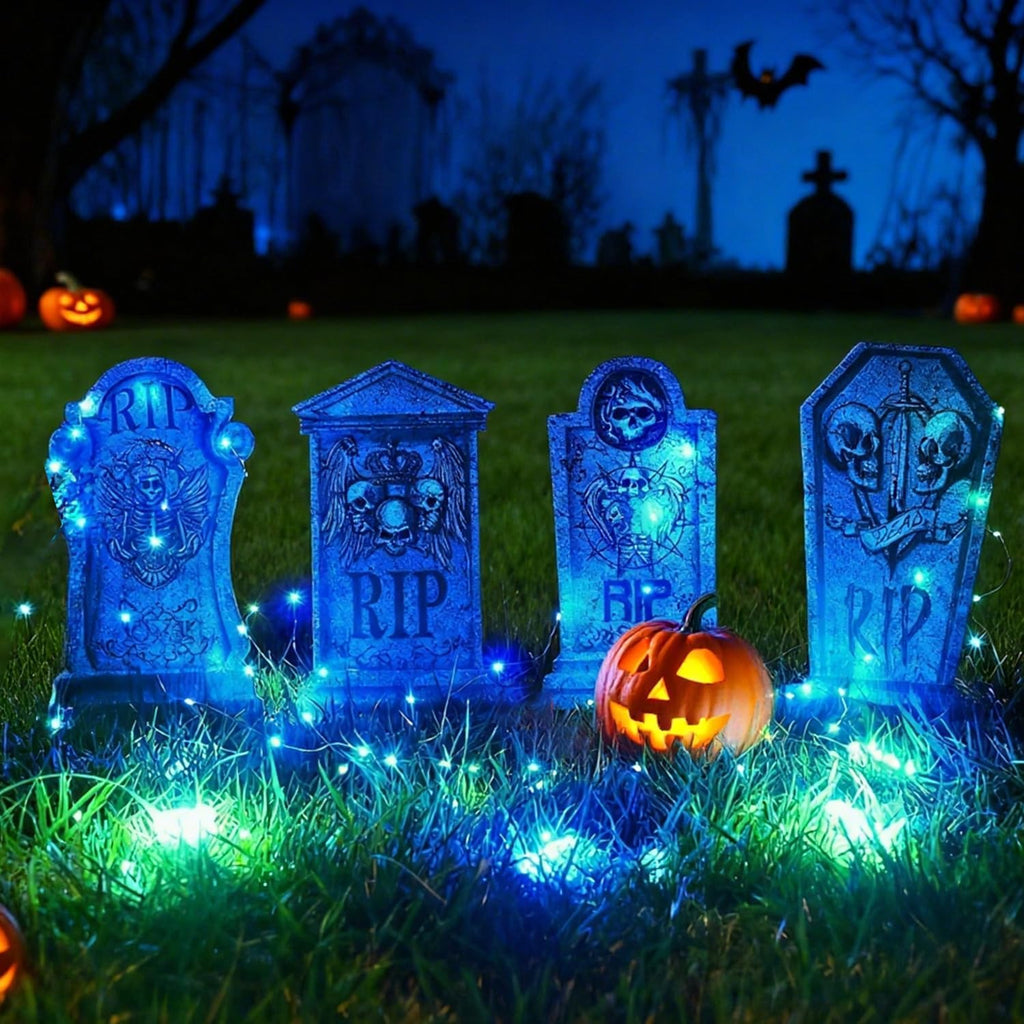 Halloween Grabstein Requisiten, 4 Stück Wasserdichtes Halloween Grabsteine Deko Mit 8 Stück Lichterkette, Den Außenbereich Gruselige Grabsteine, Für Garten Dekoration
