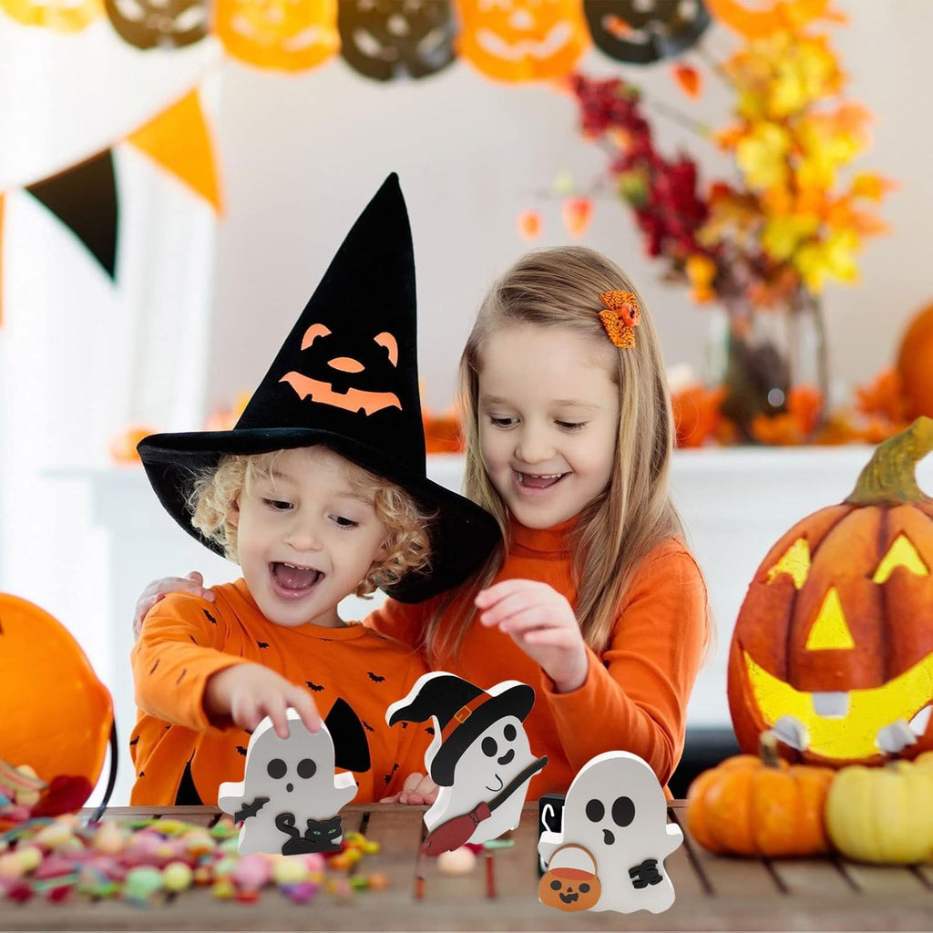 3 Stück Halloween Geister Figuren Dekoration, Halloween Deko Innen Spukdekoration, Einzigartliche Halloween Ghost Katze Fledermaus Aus Holz, Für Halloween-Partys, Tischdekoration, Innendekoration