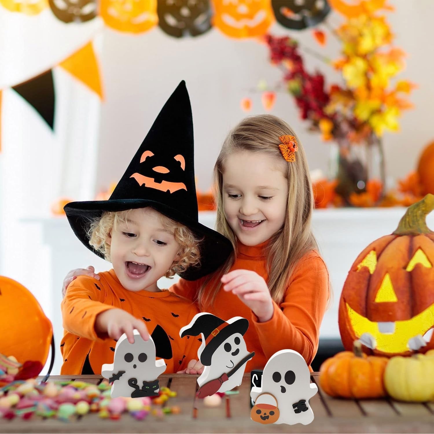 3 Stück Halloween Geister Figuren Dekoration, Halloween Deko Innen Spukdekoration, Einzigartliche Halloween Ghost Katze Fledermaus Aus Holz, Für Halloween-Partys, Tischdekoration, Innendekoration
