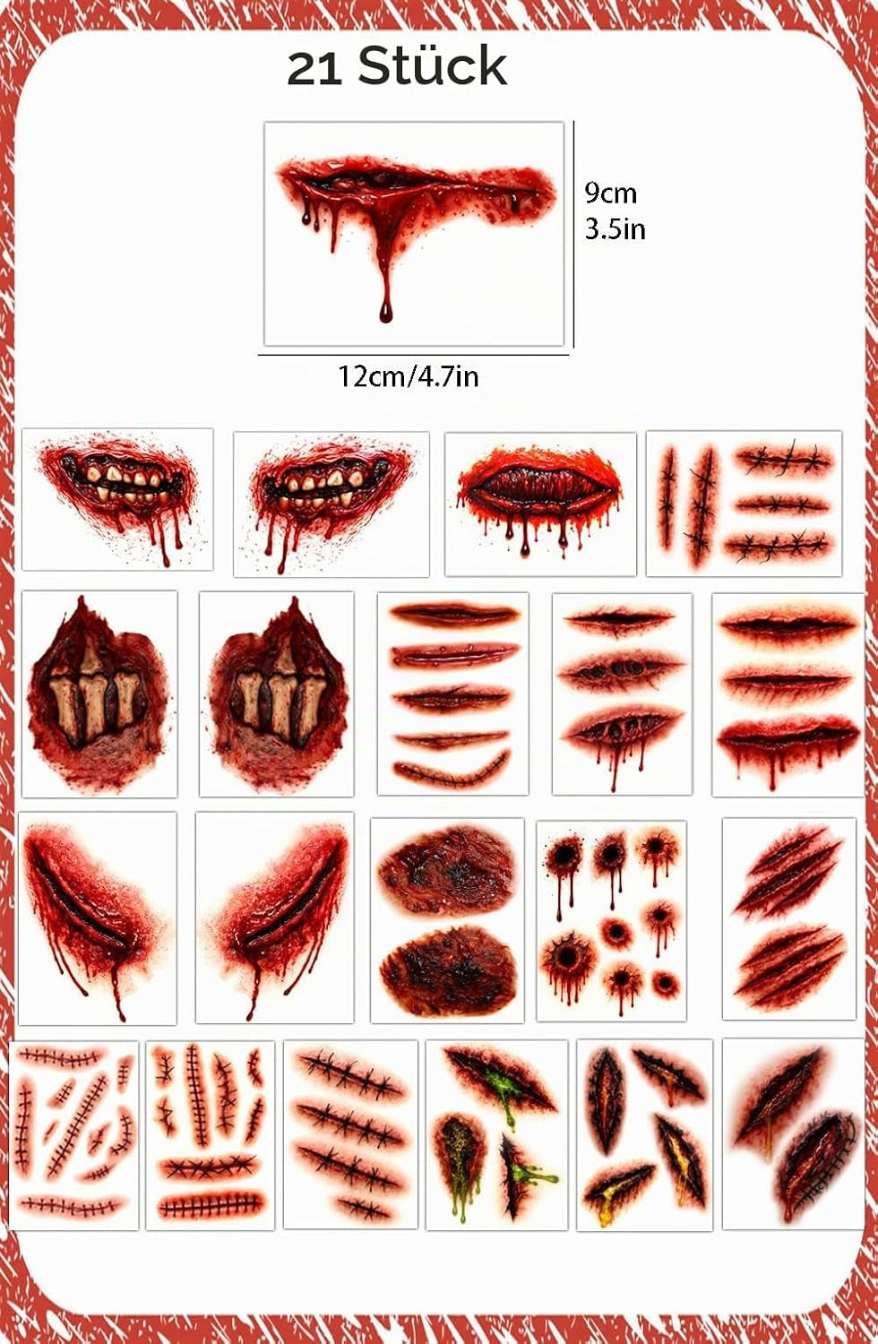 21 Stück Halloween Narben Wunden Tattoo Realistisch – Halloween Tattoos Gesicht Blut,Narben Tattoos Für Zombie Kostüm & Fasching Accessoires (A)