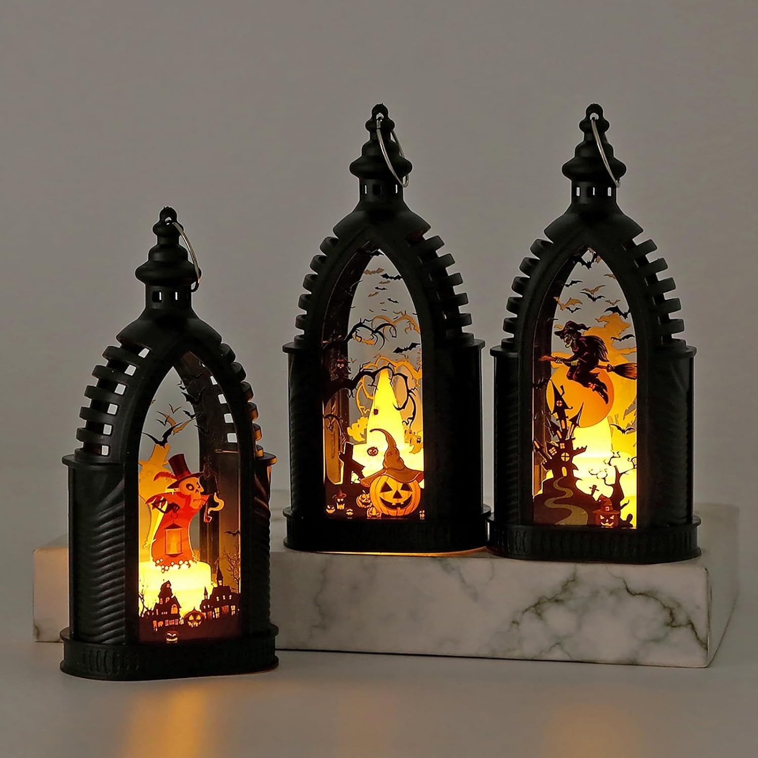 3 Stück Halloween Laterne,15 Cm Halloween LED Kerzenlaterne Mit Hexe Geist