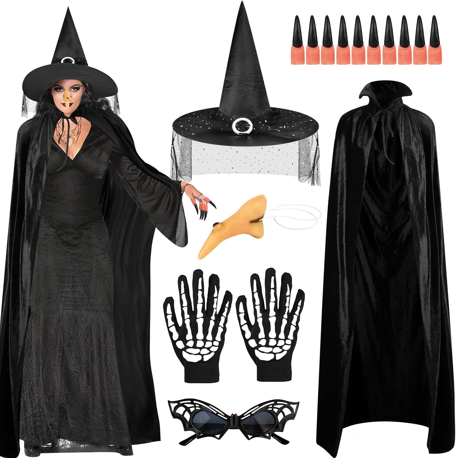 6STK Hexenkostüm Damen Halloween, Hexenumhang Hexenhüte Skelett Handschuhe Halloween Brille Hexennägel Hexennase, Halloween Kostüm Zubehör, Hexen Zubehör Halloween Kostüm Damen Hexe Zubehör