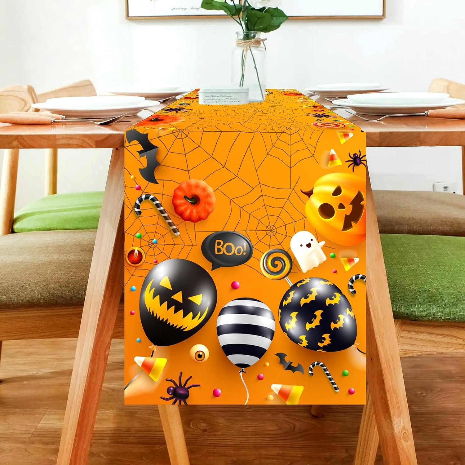 Halloween Tischläufer Spinnweben Fledermäuse Kürbisse Tischdecke Halloween Leinen Abwaschbare Tischläufer Orange Für Küche, Bar, Esstisch Halloweens Deko Tischdecke