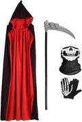 Halloween Kostüm Vampir, Umhang Mit Kapuze, Schwarz Rot Halloween Costume, Halloween Kostüme Cape Mit Sense Skeletthandschuhe Maske Für Unisex Halloween Party Rollenspiel