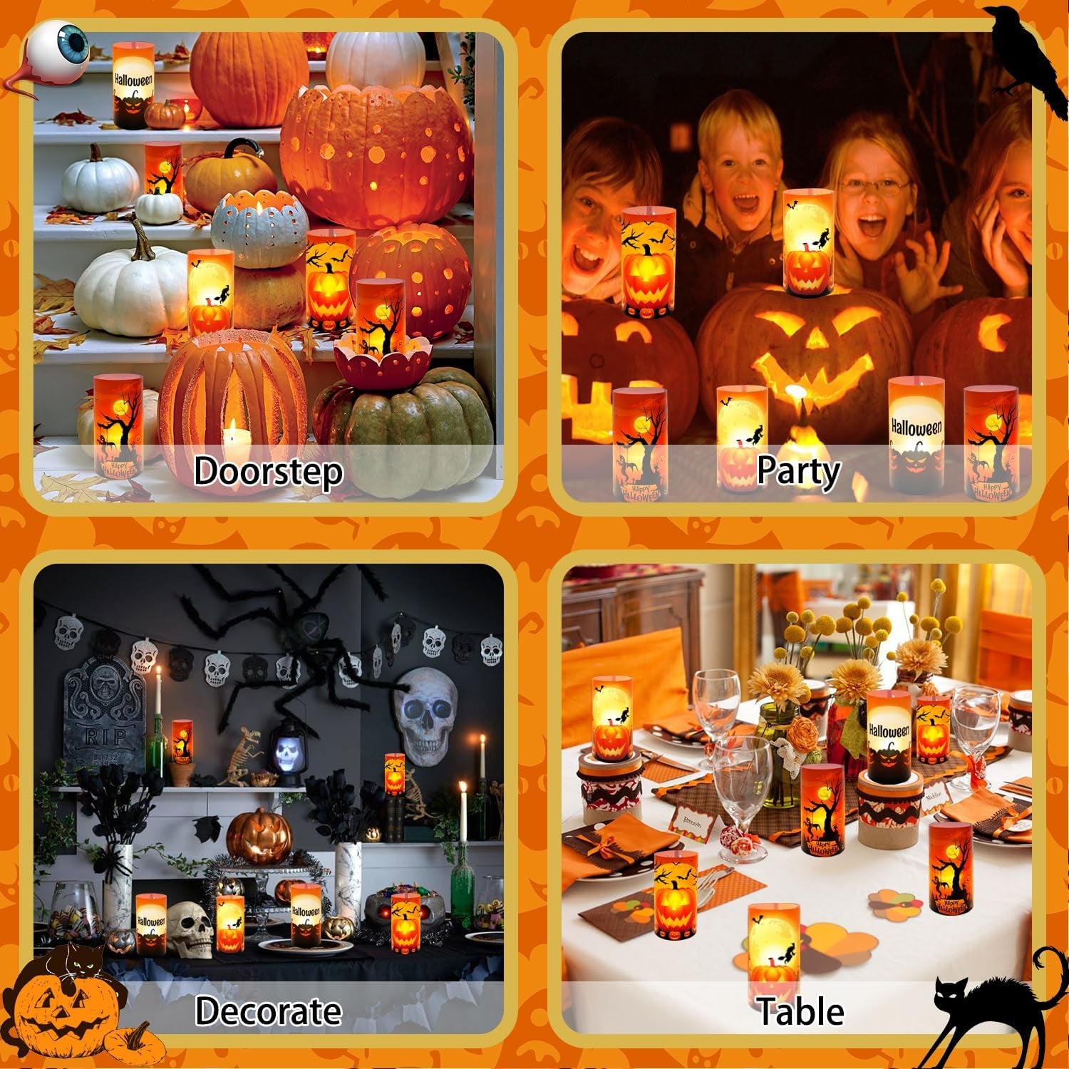Tisch Windlichter Deko Halloween, 8 Stück Windlicht Tischdeko Halloween, Tischdeko Lichthülle Halloween Kürbis/Fledermaus/Krähe/Spinne Für Teelichter Oder Kerzen