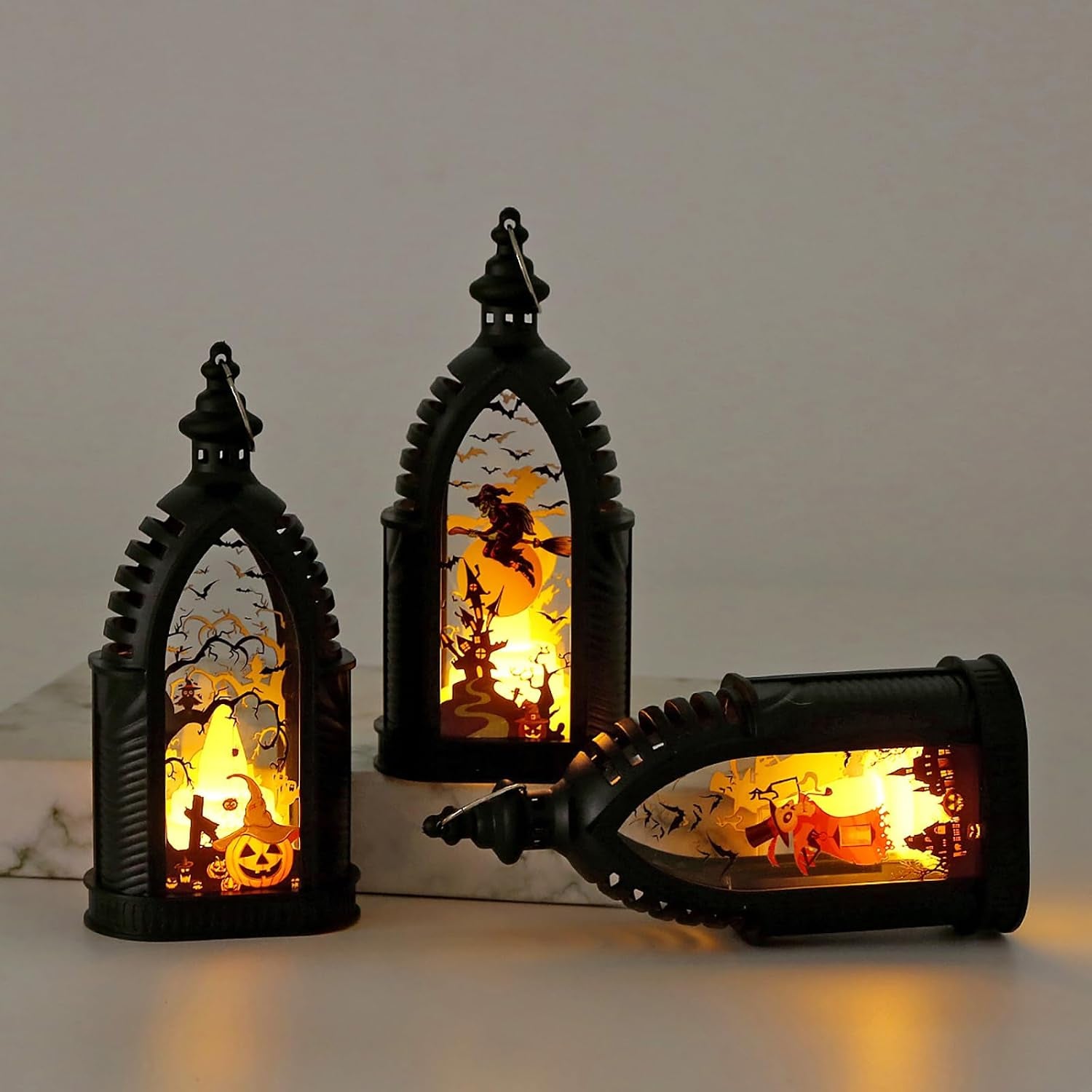 3 Stück Halloween Laterne,15 Cm Halloween LED Kerzenlaterne Mit Hexe Geist
