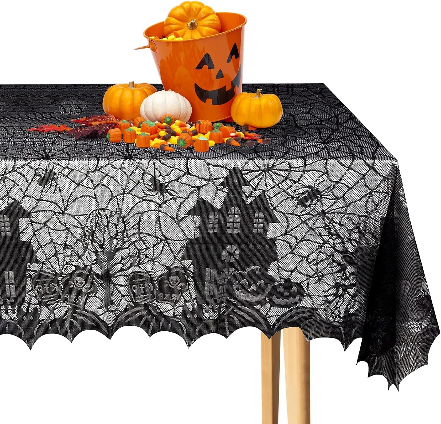 Halloween Tischdecke Spinnennetz, Halloween Tischdecke Spitze Deko,Tischdecke Mit Spukhaus Schloss,135 X 175 Cm Schloss Horror Tischtuch Dekoration Halloween Party-Dekoration