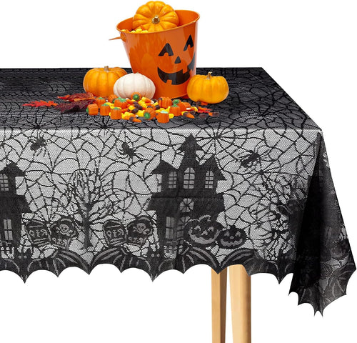 Halloween Tischdecke Spinnennetz, Halloween Tischdecke Spitze Deko,Tischdecke Mit Spukhaus Schloss,135 X 175 Cm Schloss Horror Tischtuch Dekoration Halloween Party-Dekoration