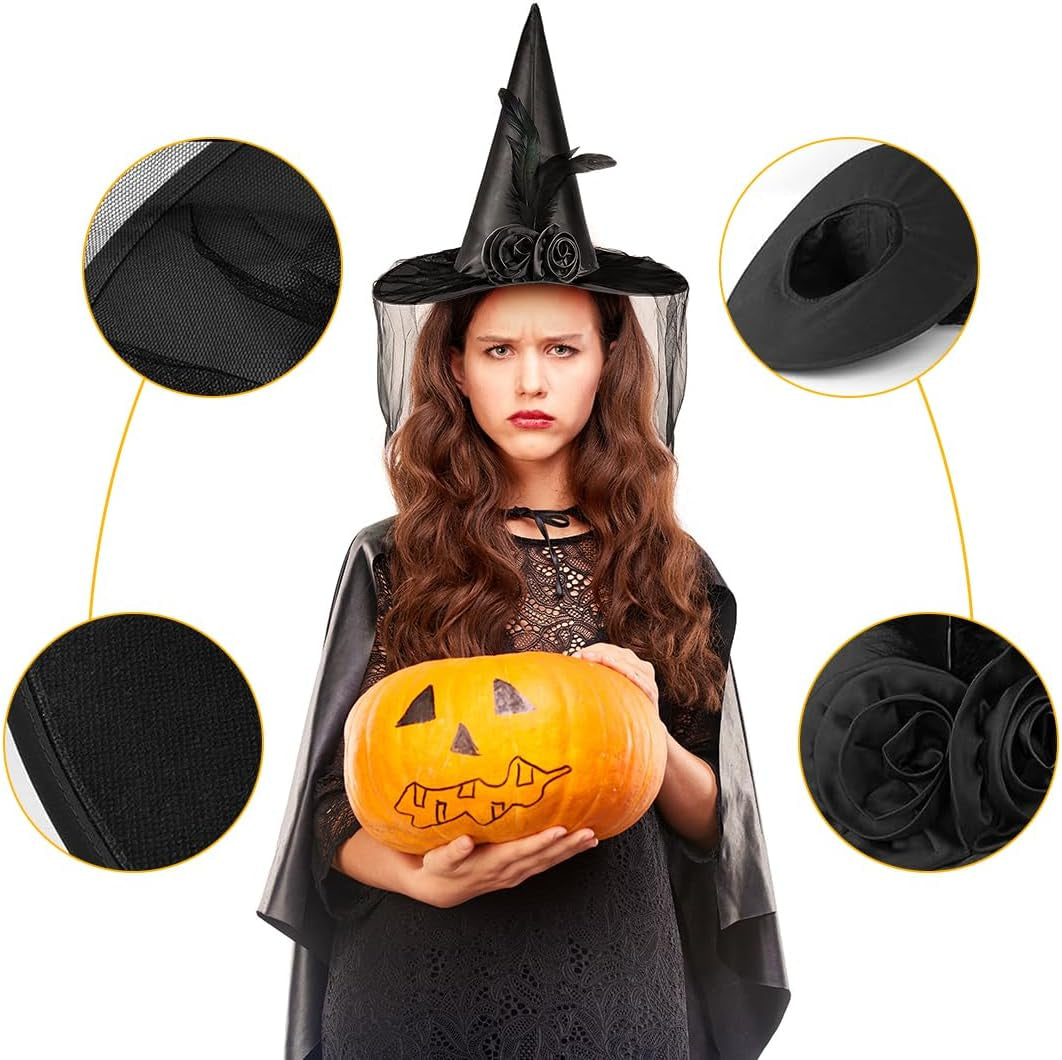 Halloween Hexenhut,Schwarze Hexenhut Damen Halloween Party Hexenhüte Zaubererhüte Für Erwachsene Halloween Party Cosplay Kostüm Zubehör