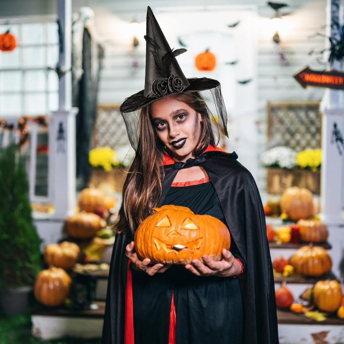 Halloween Hexenhut,Schwarze Hexenhut Damen Halloween Party Hexenhüte Zaubererhüte Für Erwachsene Halloween Party Cosplay Kostüm Zubehör