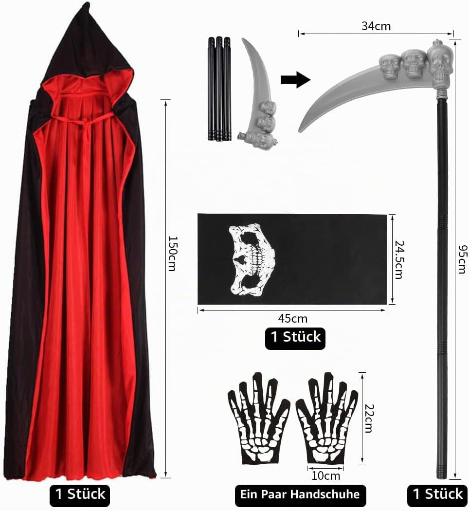 Halloween Kostüm Vampir, Umhang Mit Kapuze, Schwarz Rot Halloween Costume, Halloween Kostüme Cape Mit Sense Skeletthandschuhe Maske Für Unisex Halloween Party Rollenspiel