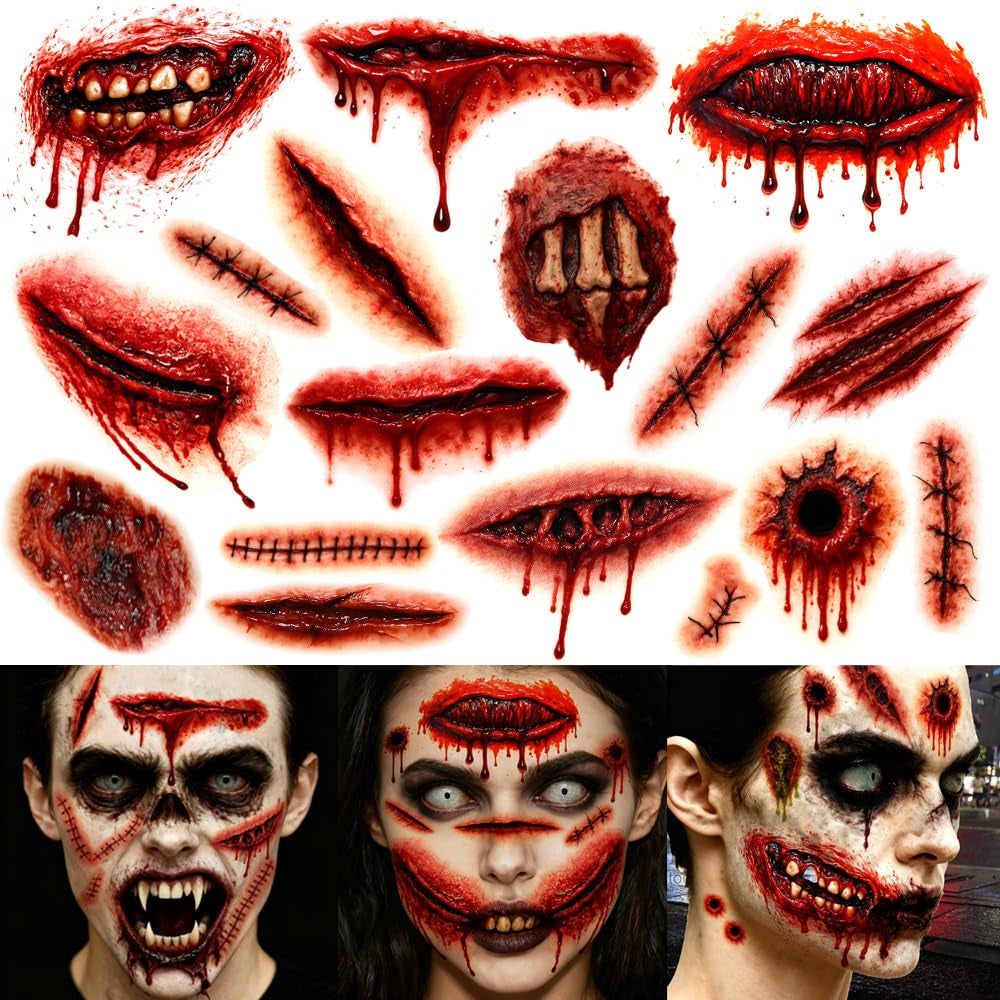 21 Stück Halloween Narben Wunden Tattoo Realistisch – Halloween Tattoos Gesicht Blut,Narben Tattoos Für Zombie Kostüm & Fasching Accessoires (A)