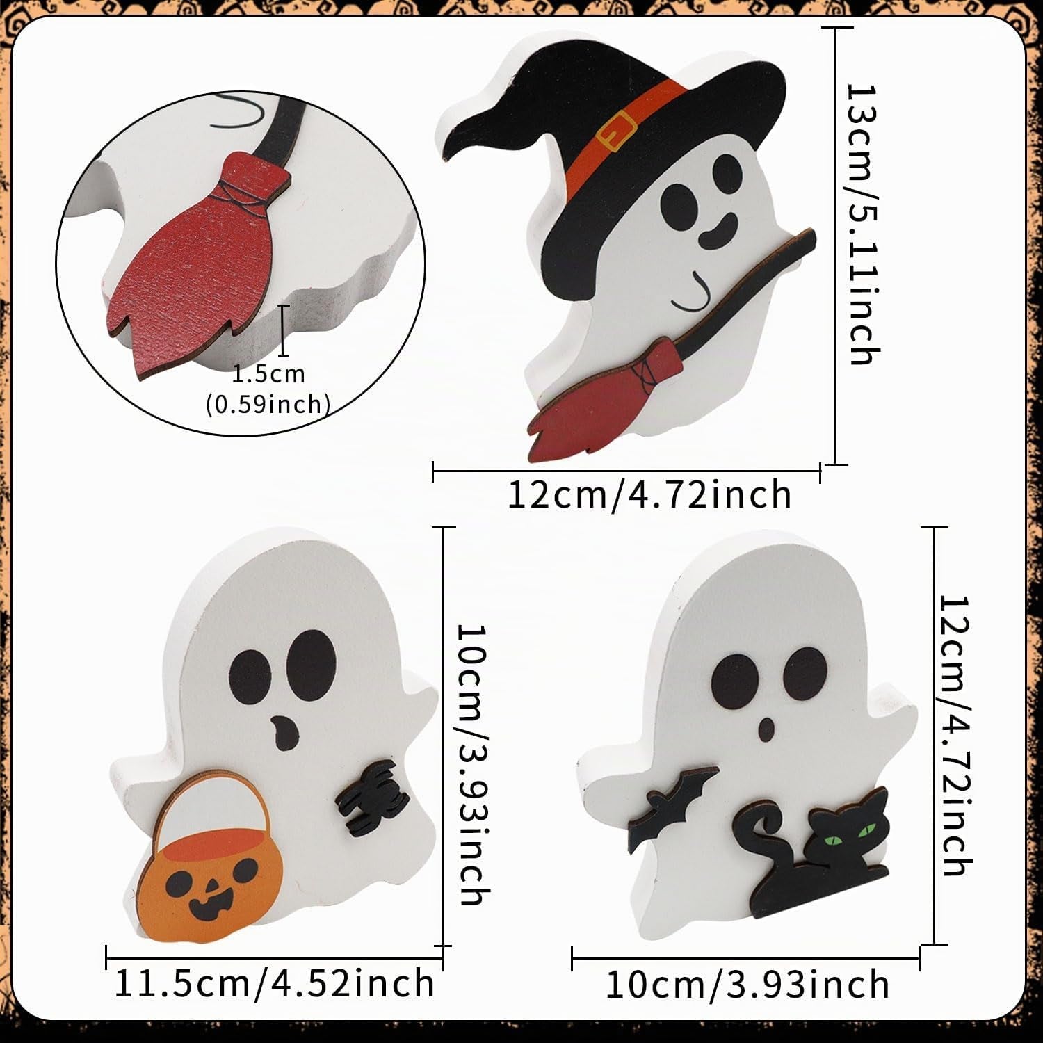 3 Stück Halloween Geister Figuren Dekoration, Halloween Deko Innen Spukdekoration, Einzigartliche Halloween Ghost Katze Fledermaus Aus Holz, Für Halloween-Partys, Tischdekoration, Innendekoration