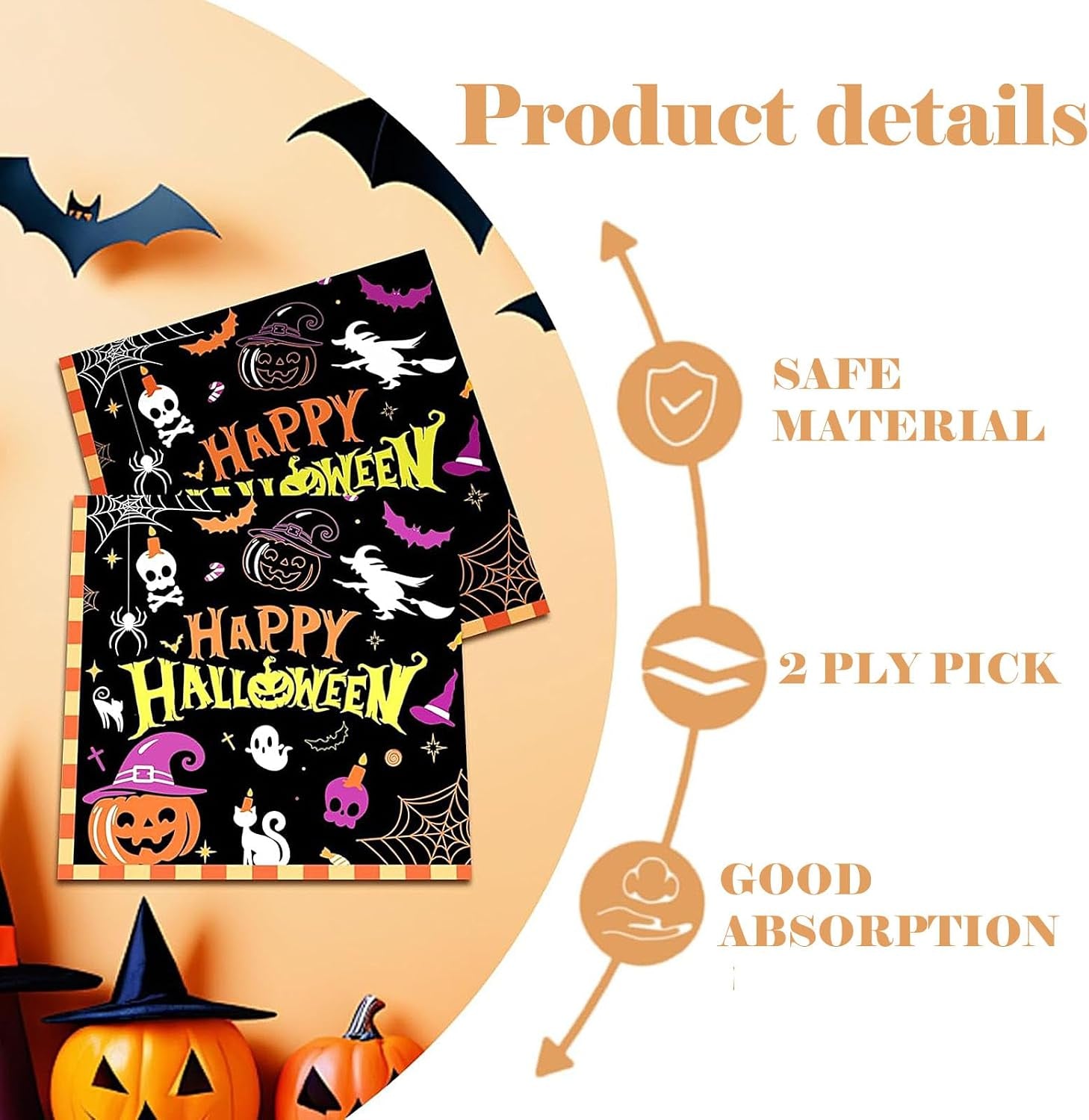 Halloween Servietten,24 Stück 33 X 33Cm Party Servietten Orange Schwarz Halloween Deko Servietten Herbst Mit Gruselig Kürbis Fledermaus Spinne Burg Papierservietten Für Halloween Tischdeko