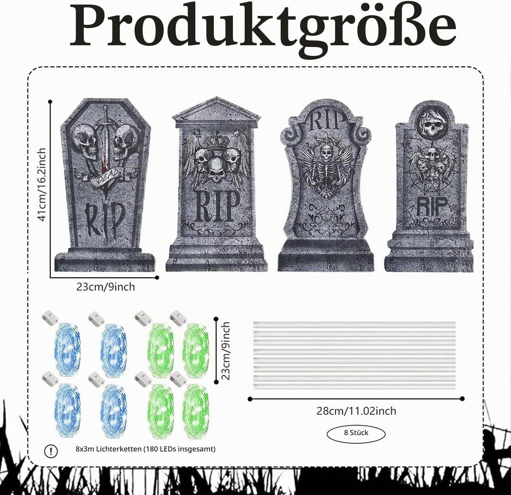 Halloween Grabstein Requisiten, 4 Stück Wasserdichtes Halloween Grabsteine Deko Mit 8 Stück Lichterkette, Den Außenbereich Gruselige Grabsteine, Für Garten Dekoration