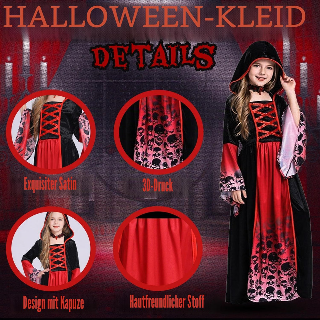 Vampir Kostüm Kinder,Halloween Kostüm Vampir Mit Halsband,Gothic Viktorianische Halloween Kostüm Mädchen,Halloween Kostüm Mädchen Für Halloween Karneval Fasching Mottoparty, Rot-Schwarz
